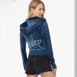 JUICY COUTURE Womens Classic Rhinestone Juicy Velour Hoodie Midnight Sea Sz Sm